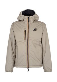 Giacca imbottita beige con cappuccio, dotata di una cerniera frontale con accenti arancioni e blu navy e un logo sulla parte sinistra del petto.