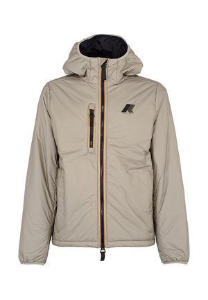 Beżowa ocieplana kurtka z kapturem, z przednim zamkiem błyskawicznym w pomarańczowo-granatowych akcentach oraz logo na lewej stronie klatki piersiowej.