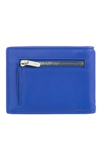 Portafoglio in pelle blu con tasca con zip, texture liscia, forma rettangolare e cuciture dettagliate lungo i bordi.
