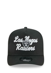 Black cap featuring "Las Vegas Raiders" embroidered in white, with a team logo shield. Structured design, flat brim, snapback closure.