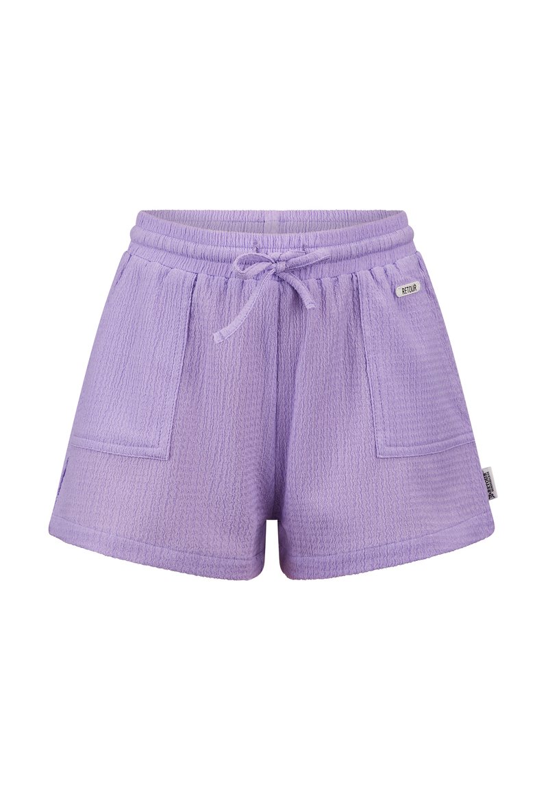 Lila shorts van gestructureerde stof, met een elastische tailleband met een trekkoord en twee vo pockets. Labeldetail aan de zijkant.