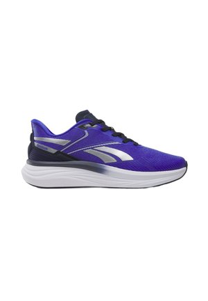 Scarpa da corsa blu con suola bianca ammortizzata, lacci neri, strisce laterali argento e marchio Reebok sul colletto del tallone.