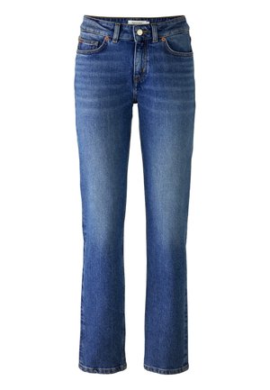 Blaue Denim-Jeans mit geradem Bein, ausgewaschenem Finish, fünf Taschen und Kupferknopfdetails am Bund.