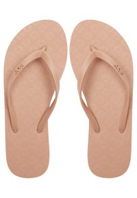 Flip-flops roz pal cu o talpă texturată, decorată cu modele de inimi. Curele subțiri și flexibile, într-o nuanță corespunzătoare, completează designul.