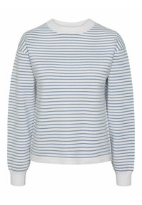 Biała sweter z poziomymi niebieskimi pasami, z długimi rękawami i okrągłym dekoltem. Prążkowane mankiety i dół dodają tekstury.