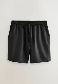 Black swim shorts with an elastic waistband, adjustable drawstring, side pockets, and a smooth, lightweight texture.