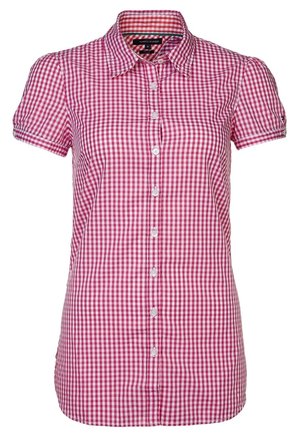 Chemise à manches courtes à carreaux vichy rose et blanc, avec col et patte de boutonnage devant, coupe cintrée.