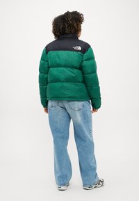 Zimní bunda v zelené a černé barvě s vysokým límcem, elastickými manžetami a logem na zadní straně. Kombinováno se světle modrými džínami s širokými nohavicemi.