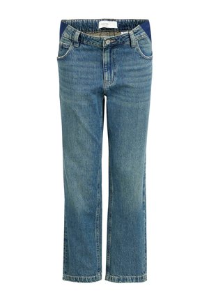 Blue maternity jeans with elastic side panels and front pockets, straight leg fit, and button closure at the waist.