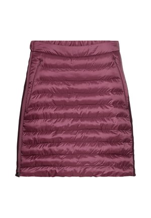 Gonna imbottita di un viola scuro con una consistenza leggermente lucida. Presenta un design trapuntato orizzontale e una zip laterale per la chiusura.