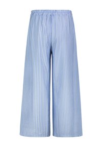 Light blue wide-leg pants made of a smooth fabric, featuring vertical white stripes, an elastic waistband, and a relaxed fit.