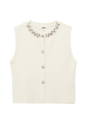 Ärmellose cremefarbene Strickjacke mit rundem, mit Schmucksteinen besetztem Ausschnitt und passenden Schmuckknöpfen vorne.