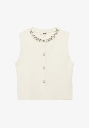 Mouwloos crèmekleurig vestje met ronde, met juwelen versierde halslijn en bijpassende juwelenknopen aan de voorkant.