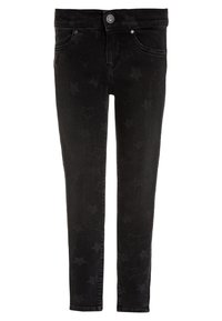 Svarta denimjeans med stjärnmönster, med dragkedja, knäppning och framfickor. Slät textur med en liten stretch.