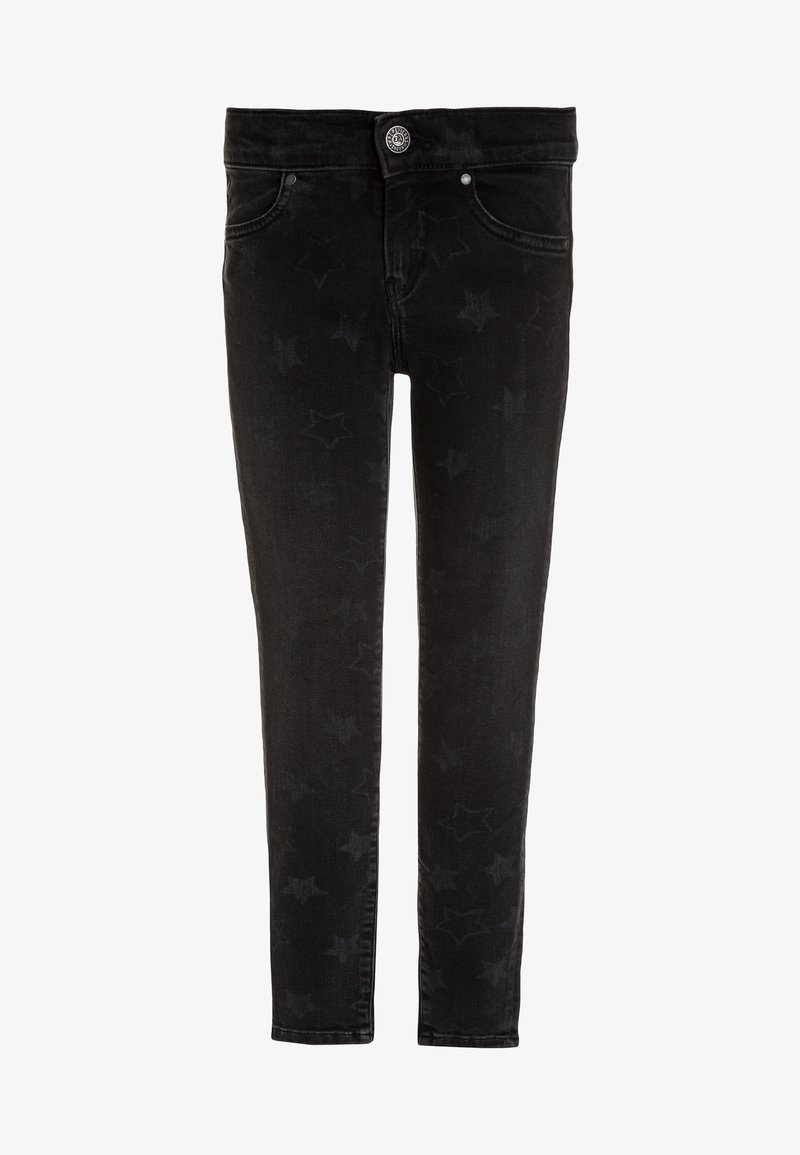 Jeans de mezclilla negra con un patrón de estrellas, que cuentan con una cremallera, cierre de botón y bolsillos frontales. Textura suave con ligero estiramiento.