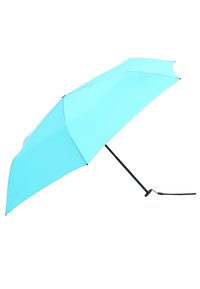 Lichtblauwe paraplu met een stijlvolle, gebogen canopy en een zwart metalen frame. Beschikt over een verstelbare handgreep en een gladde textuur.