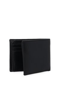 Schwarzes Lederportemonnaie mit einem Bifold-Design, mehreren Kartenfächern und einer glatten Textur mit präzisen Stichdetails.