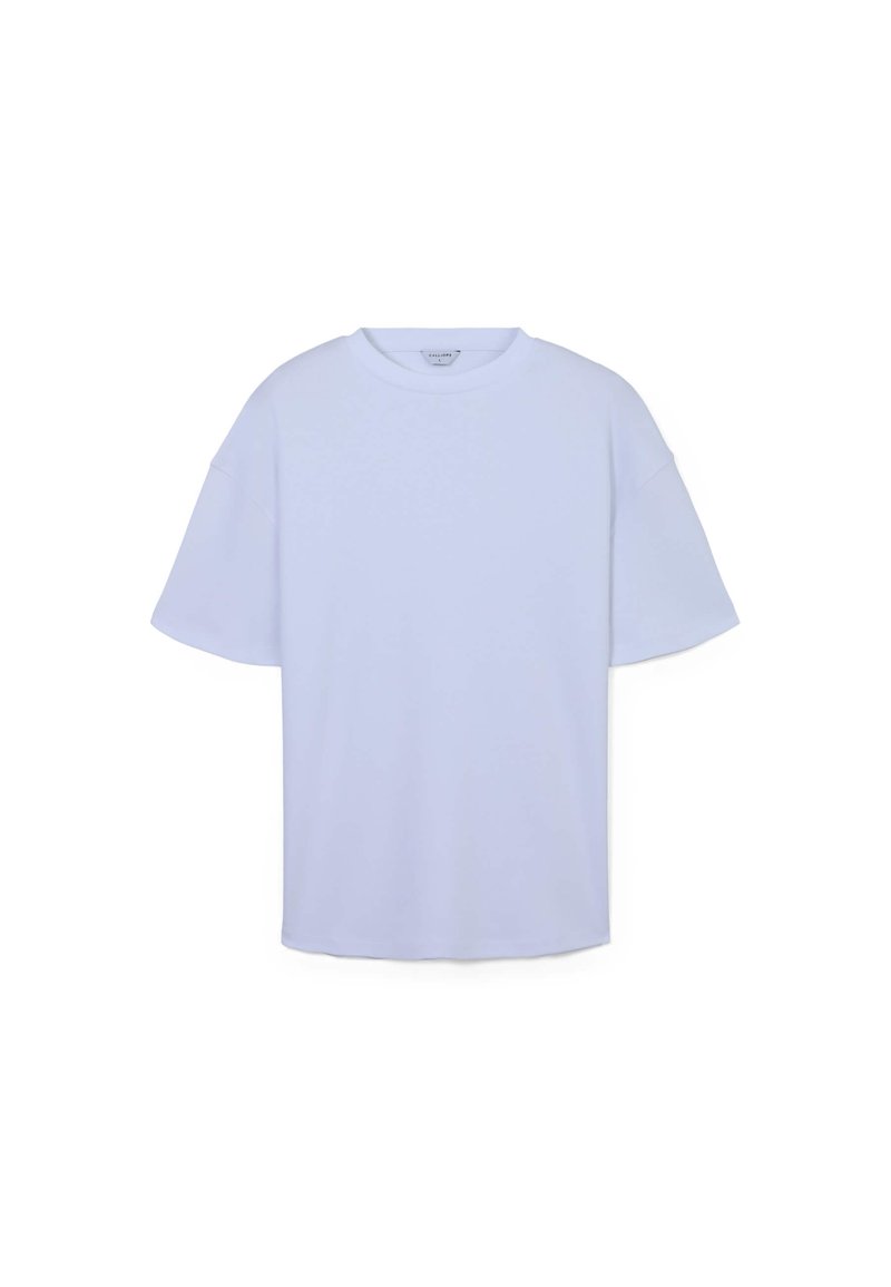 T-shirt oversize azzurro chiaro con collo rotondo, maniche corte e una texture liscia. Design minimale, senza motivi o accenti visibili.