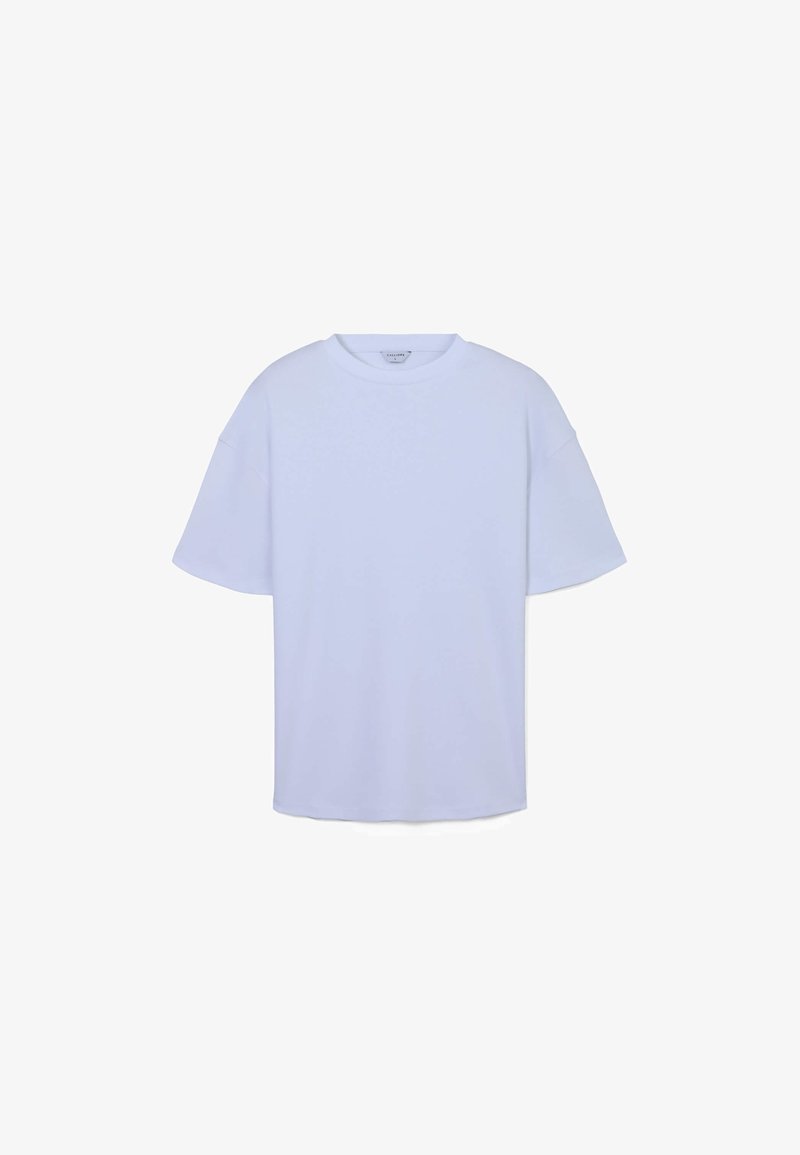 T-shirt oversize azzurro chiaro con collo rotondo, maniche corte e una texture liscia. Design minimale, senza motivi o accenti visibili.