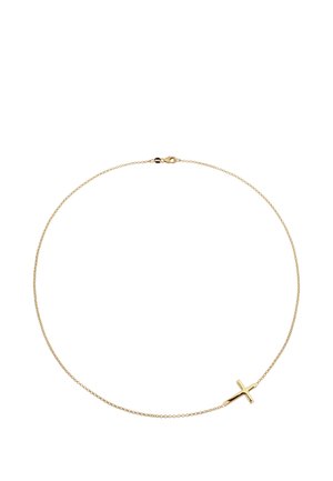 Feine Goldkette mit kleinem, poliertem Goldanhänger in Form eines Kreuzes, das leicht versetzt positioniert ist.