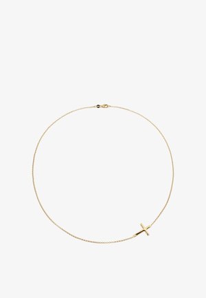 Fint guldkædehalskæde med en lille poleret gylden korsvedhæng placeret forskudt fra midten.