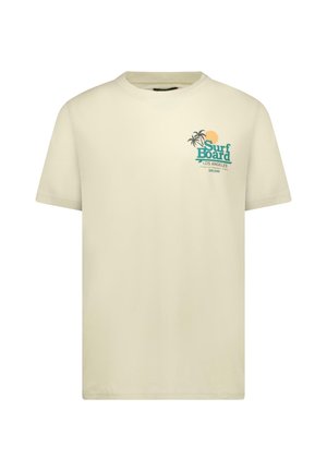 Roomkleurig T-shirt van katoen met een ronde hals. Voorzien van een printontwerp van palmbomen en een zon in teal en oranje.