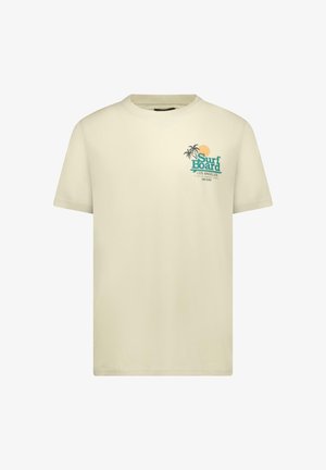 Roomkleurig T-shirt van katoen met een ronde hals. Voorzien van een printontwerp van palmbomen en een zon in teal en oranje.