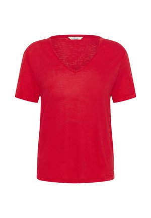 Rode T-shirt met korte mouwen en V-hals, een casual pasvorm, lichtgewicht stof en een klein merkteken nabij de onderzoom.