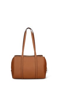 Borsa tote in pelle marrone con doppi manici, chiusura a cerniera, forma rettangolare, superficie texture e dettaglio con cerniera laterale.