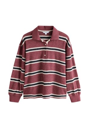 Langärmliges dunkelrotes Poloshirt mit weißen und schwarzen horizontalen Streifen, drei Knöpfen und gerippten Bündchen.