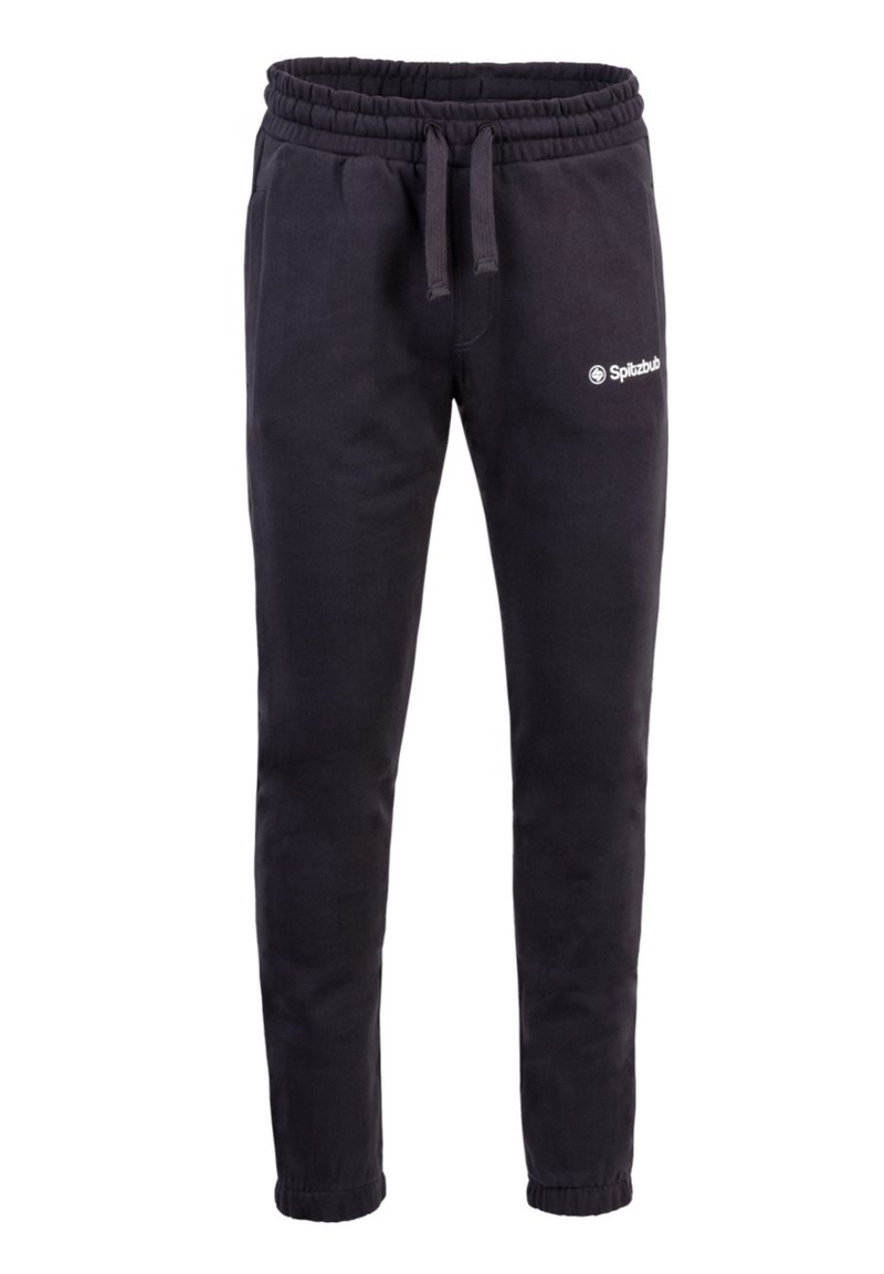 Pantalones jogger gris oscuro hechos de algodón suave. Presenta una cintura elástica con cordón y un pequeño logo en la parte superior de la pierna izquierda.