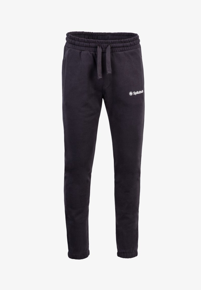 Pantalones jogger gris oscuro hechos de algodón suave. Presenta una cintura elástica con cordón y un pequeño logo en la parte superior de la pierna izquierda.