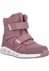 Roze sportboot met een hoge schacht, van mesh- en synthetisch materiaal, met klittenbandsluitingen, een flexibele zool, reflecterende accenten en een ronde neus.