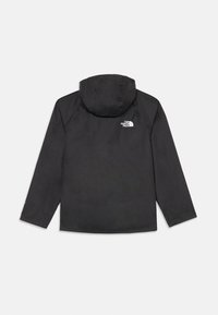 Veste imperméable noire avec capuche, présentant un logo blanc sur le dos. Coupe droite et manches longues avec poignets élastiques.