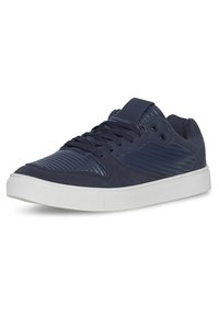 Navy blue sneaker with suede and shiny texture. Features a textured tongue, round laces, and a white rubber sole with a gripped pattern.