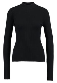 Pull à col roulé noir à côtes, avec manches longues et une coupe ajustée, présentant une texture lisse et une silhouette structurée.