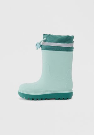 Helle Teal-Gummi-Stiefel mit einer strukturierten Sohle, verstellbarem Zugband an der Oberseite und einem kontrastierenden dunkelblauen Akzentband nahe der Oberkante.