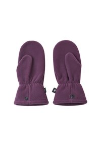 Lila Fleece-Handschuhe mit einer plüschigen Textur, abgerundeten Spitzen, elastischen Bündchen und einem Knopfdetail am Handgelenk für einen sicheren Sitz.