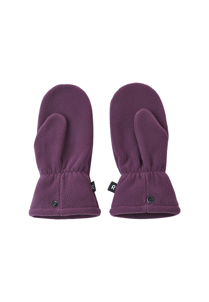 Lila Fleece-Handschuhe mit einer plüschigen Textur, abgerundeten Spitzen, elastischen Bündchen und einem Knopfdetail am Handgelenk für einen sicheren Sitz.