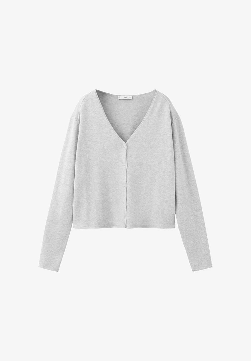 Cardigan gris clair à manches longues avec boutons, col en V et coupe courte, présenté sur un fond blanc uni.