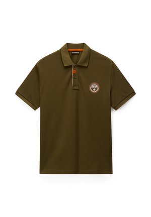 Olive green short-sleeve polo shirt with collar and two-button placket, featuring a small round patch logo on the left chest.
