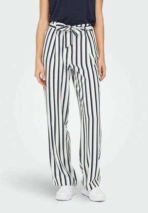 Pantalones de pierna ancha a rayas en blanco y marino, con cintura ajustable y tejido suave de textura lisa.