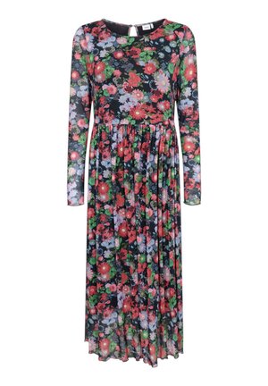 Pitkähihainen, keskipitkä musta mekko, jossa on punainen, vaaleanpunainen, purppura ja vihreä kukkakuvio ja kerätty vyötärö.