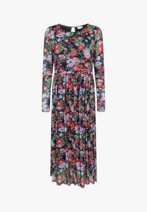 Vestido negro de manga larga y largo medio con estampado floral en rojo, rosa, púrpura y verde, y cintura fruncida.