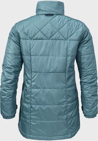 Gepolsterter Mantel in Teal mit hohem Kragen, diamantgeformtem Steppdesign und elastischen Bündchen. Entworfen für Wärme und Komfort.