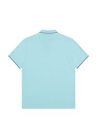 Jasnoniebieska koszulka polo z krótkimi rękawami, z subtelny kołnierzykiem i równie stonowanym wykończeniem przy rękawach, wykonana z miękkiego materiału.