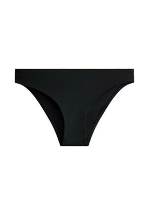 Schwarze Bikinihose aus glattem Stoff. Sie besticht durch ein schlichtes Design mit mittlerem Schnitt und ohne dekorative Elemente.