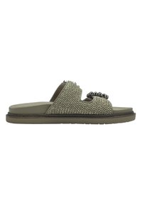 Öppen tå slide-sandal tillverkad av vävt grönt tyg, med en platt, texturerad sula och dekorativ svart pärlsöm på ovandelen.