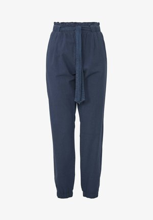 Sötétkék, állítható derékú nadrág, kötős övvel, keskeny lábszárral, ráncolt mandzsettával és sima textúrával. Könnyű anyag. Nincsenek minták vagy díszek.