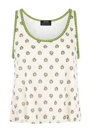 Ärmelloses cremefarbenes Tanktop mit kleinem Blumenkranzmuster und grünem Besatz entlang des Ausschnitts und der Armlöcher.